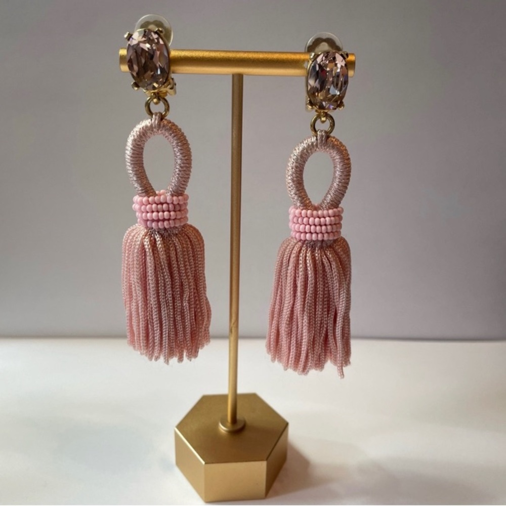 OSCAR DE LA RENTA Silk Tassel Drop CLIP EARRINGS Rose Pink
